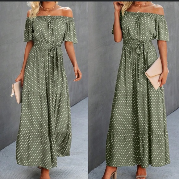 Boho polka dot off shoulder belted maxi dress - Picture 1 of 16